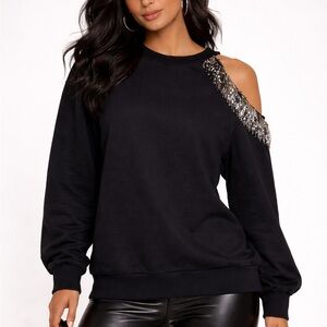 Black Beaded Shoulder Top | Asymmetrical Cutout | Embellished Fringe Trim | XL